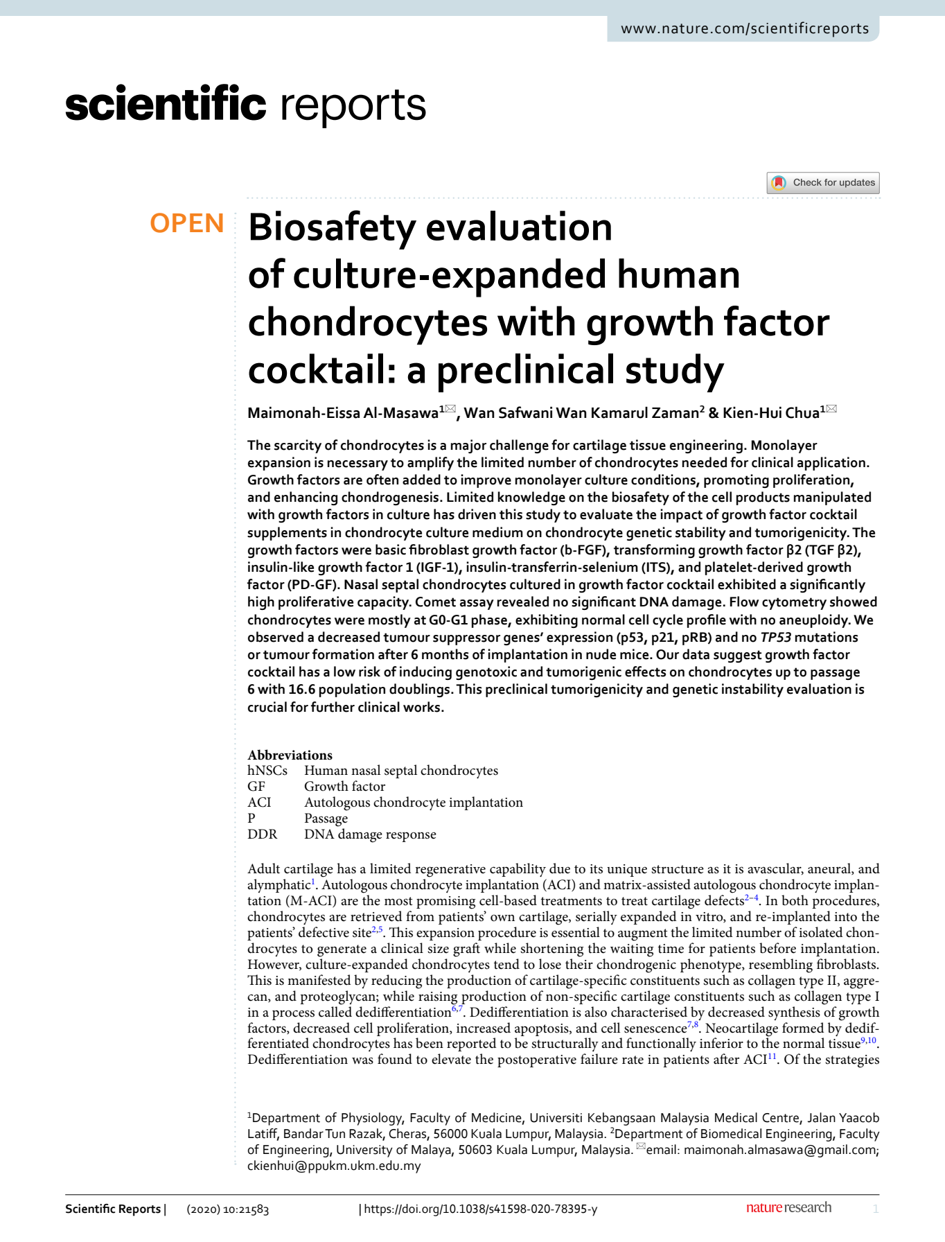 Biosafety Evaluation of Culture-Expanded Human Chondrocytes with Growth Factor Cocktail: A Preclinical Study