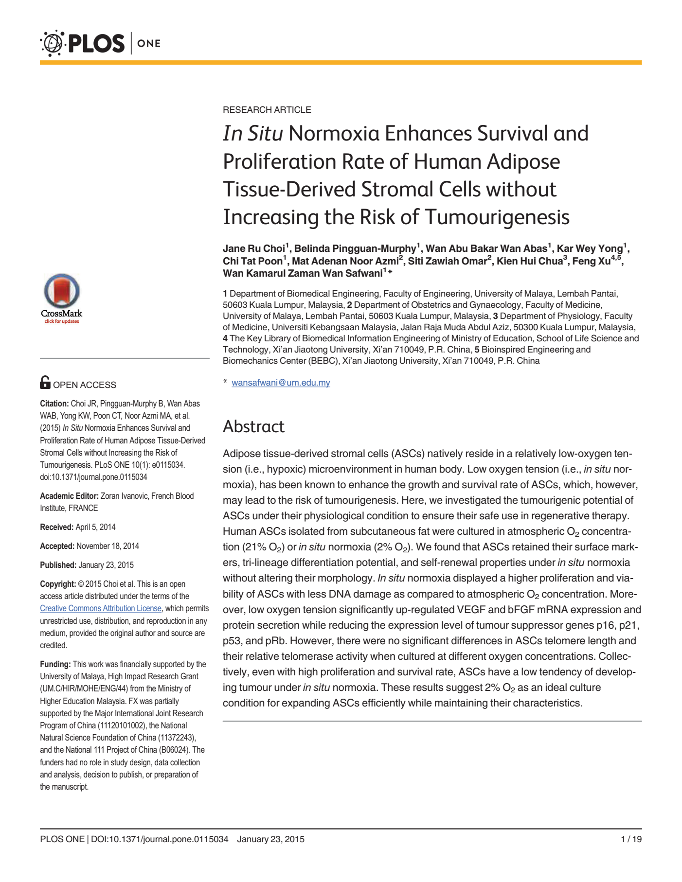 In Situ Normoxia Enhances Alt-Survival and Proliferation Rate of Human Adipose Tissue-Derived Stromal Cells without 	Increasing the Risk of Tumorigenesis