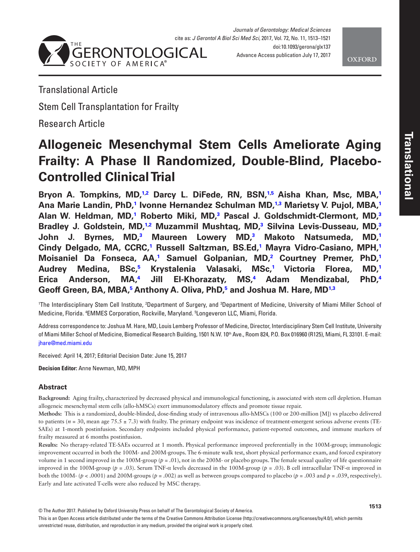 Allogeneic Mesenchymal Stem Cells Ameliorate Aging Frailty: A Phase ll Randomized, Double-Blind, Placebo-Controlled Clinical Trial